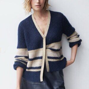 WYSE London Angela Stripe Cardigan Navy/Taupe/Metallic Gold Mohair Blend